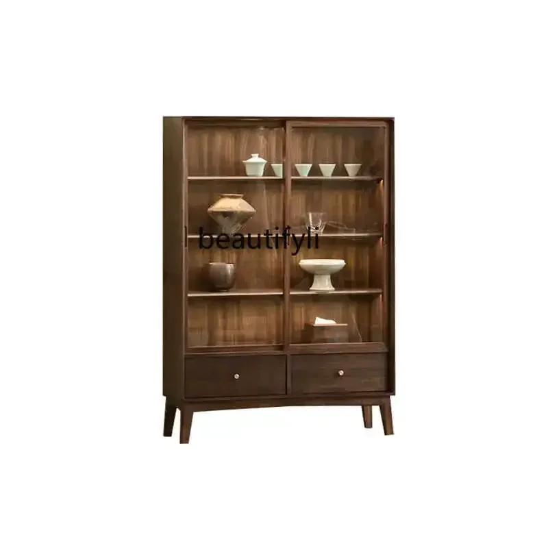 TTT Modern new Chinese cabinet ebony wood solid wood wine cabinet household glass door display cabinet with sensor light