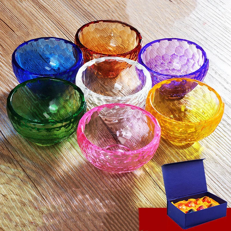 

7pcs Embossed Multicolor Glass Buddha Bowl Hammer Texture Handicraft Holy Water Cup Bowl Buddhist Home Gift Lnterior Decorative