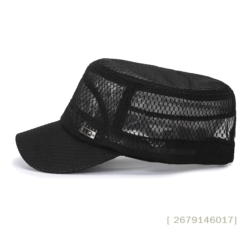 Men Women Breathable Full Mesh Flat Top Army Cap, Lightweight Outdoor Sun Visor Hat, Adjustable Mesh Cadet Hat for Fishing