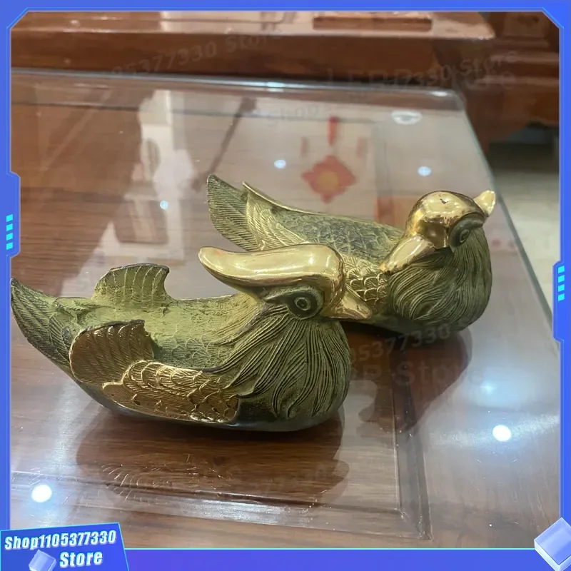 Retro Brass Mandarin Duck Tea Pet Ornament Antique Copper Pair Handicrafts for Office Tea Table Decor Bronze Ware Craft Gift