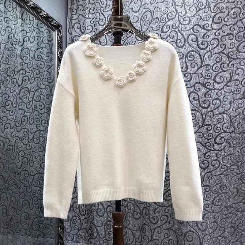 High Quality Sweaters & Pullovers 2024 Autumn Winter Jumper Women V-Neck Rose Flower Deco Long Sleeve Grey Beige Knitted Jumpers