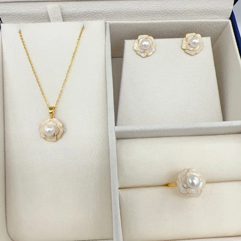 Conjuntos de joyas de perlas chapadas en oro de 14k para mujer, collar de perlas de agua dulce 100% naturales reales, pendientes, anillo, regalo,