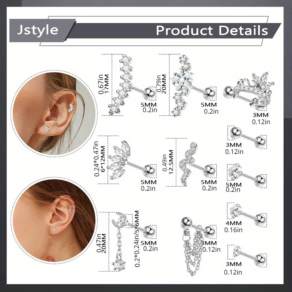 BESTEEL 1Pc Stainless Steel Stud Earrings Star Moon Snake 16G Cartilage Earrings Hypollergenic Screw Back Helix Piercing Jewelry