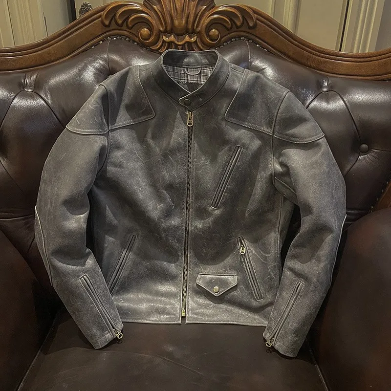 Men's stand-up collar multi-pocket leather vintage craftsmanship pure cowhide