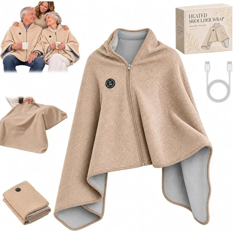 USB Wearable Heated Shawl Poncho for Women, 3 Heat Levels One Button Control Heating Blanket, Zip Front Hands-Free Warm Cape