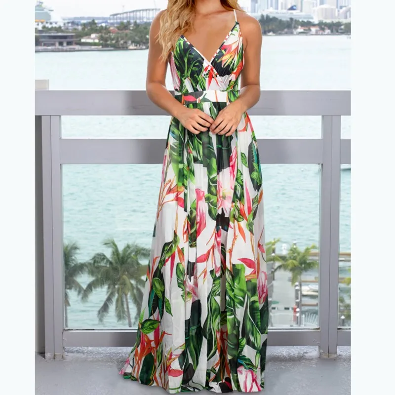 

2025womens summer new style sexy bohemian floral plant printed suspender backless long skirt beach casual vacation women's dress