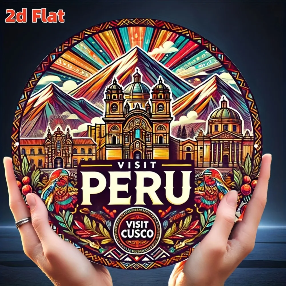 لوحة فنية جدارية معدنية مسطحة ثنائية الأبعاد لمدينة بيرو كوسكو - زخرفة ثقافية أنندية مستديرة مقاس 7.8 بوصة معبد ماتشو بيتشو وإنكا للشمس