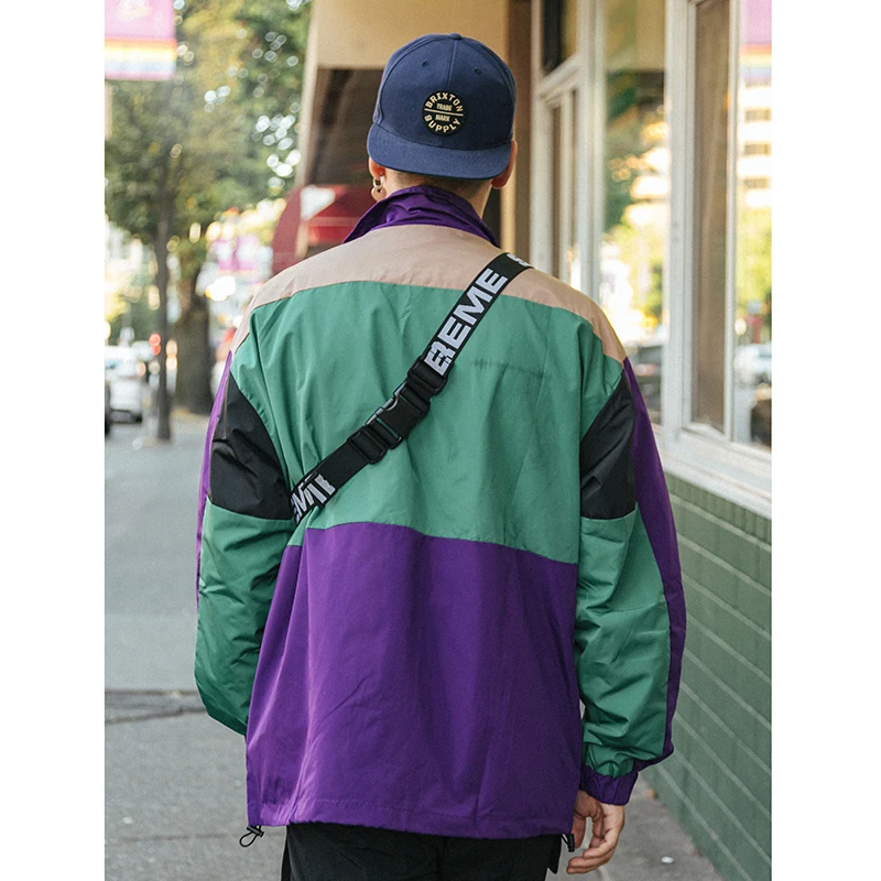 Hip Hop Streetwear Jacket WindBreaker Retro Color Block Patchwork Track Jacket Coat Men Harajuku Cotton Loose Jacket 2023