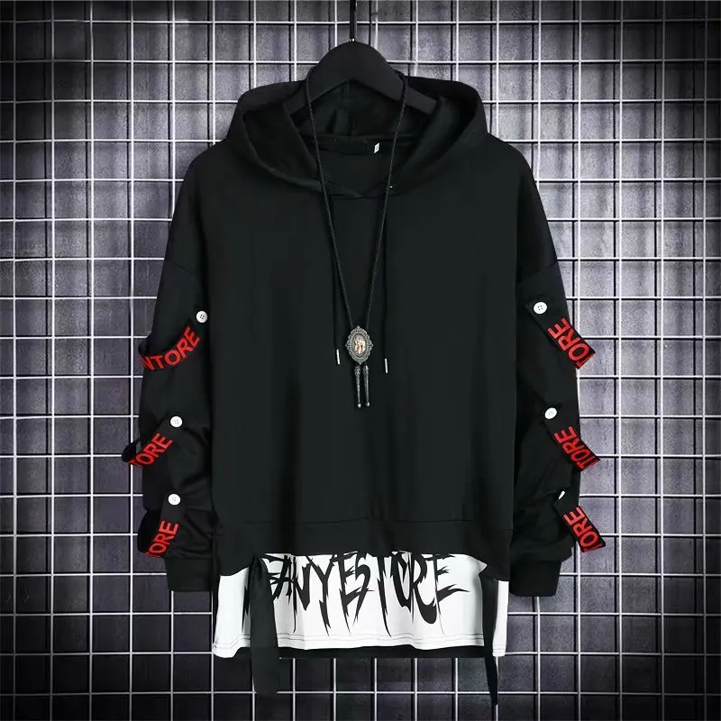 Prowow New Men's Hoodies Sweatshirt Autumn Casual Hip Hop Harajuku Hoodie Men Ribbons Patchwork Streetwear Darkwear