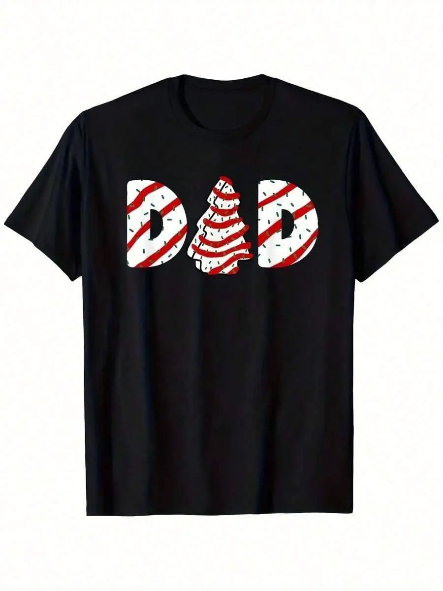 Men's Heavyweight 180Gsm Tree Dad T-Shirt - Black With Red White Striped 'DAD' Candy Cane Lettering, Retro 100% Cotton Trendy