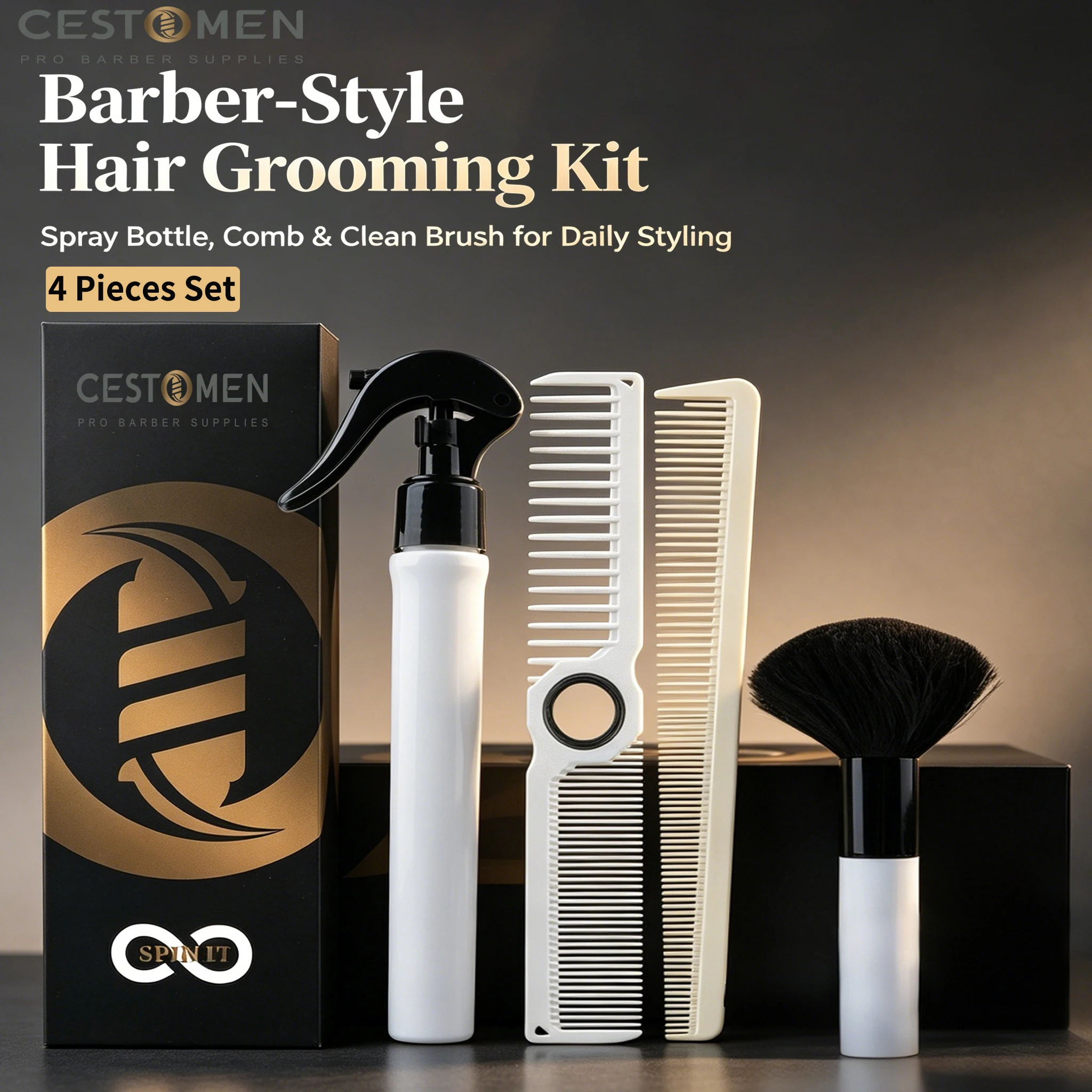 4Pcs/Set Pro Barber Tools Kit Fine Mist Spray Bottle Neck Duster Hair Brush Spinning Dual Side Tooth Haircut Combs For Styling