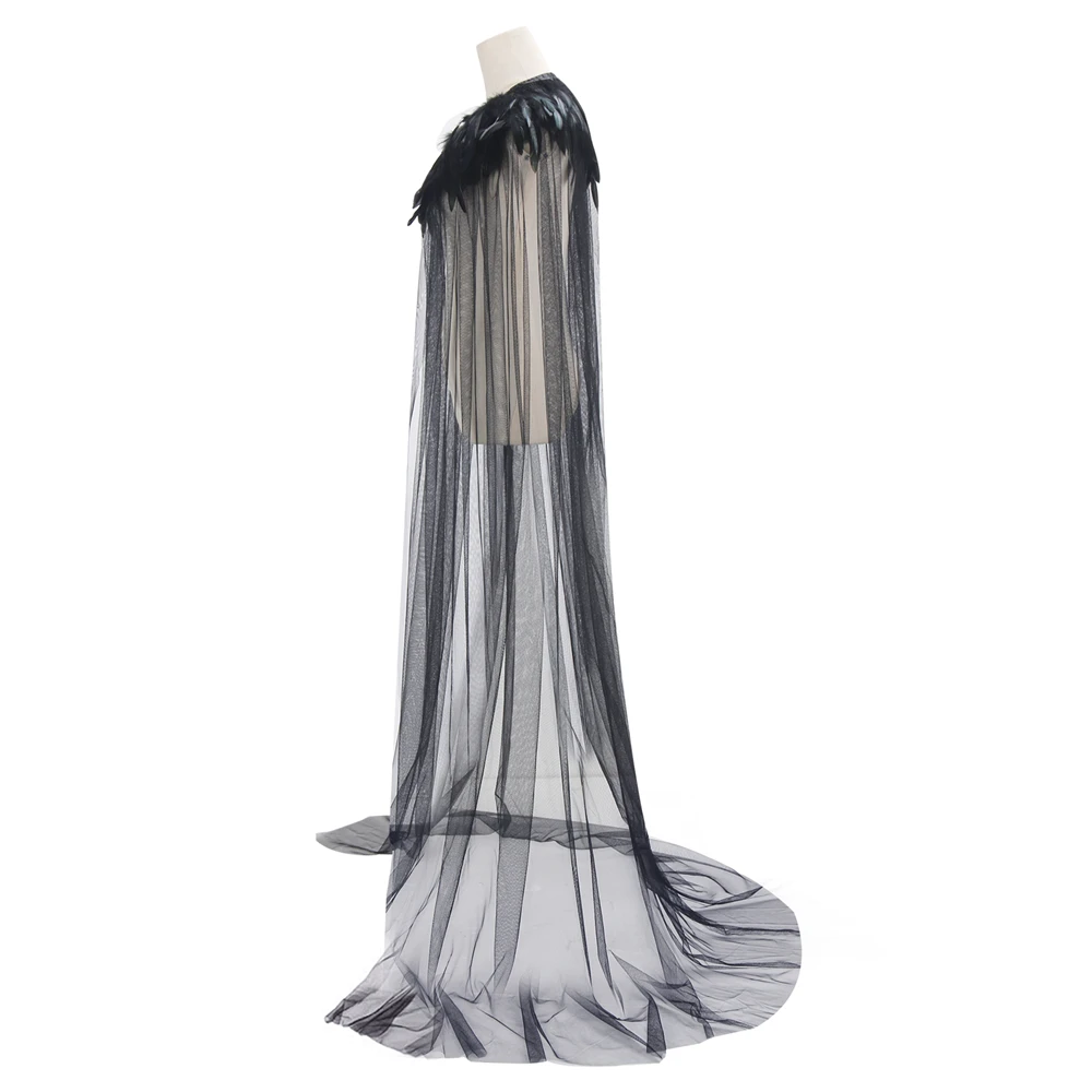 Evil Queen Witch Cloak Black Steampunk Style Feathers Light Gauze Made Cape Halloween Cosplay Outfits Length 180cm