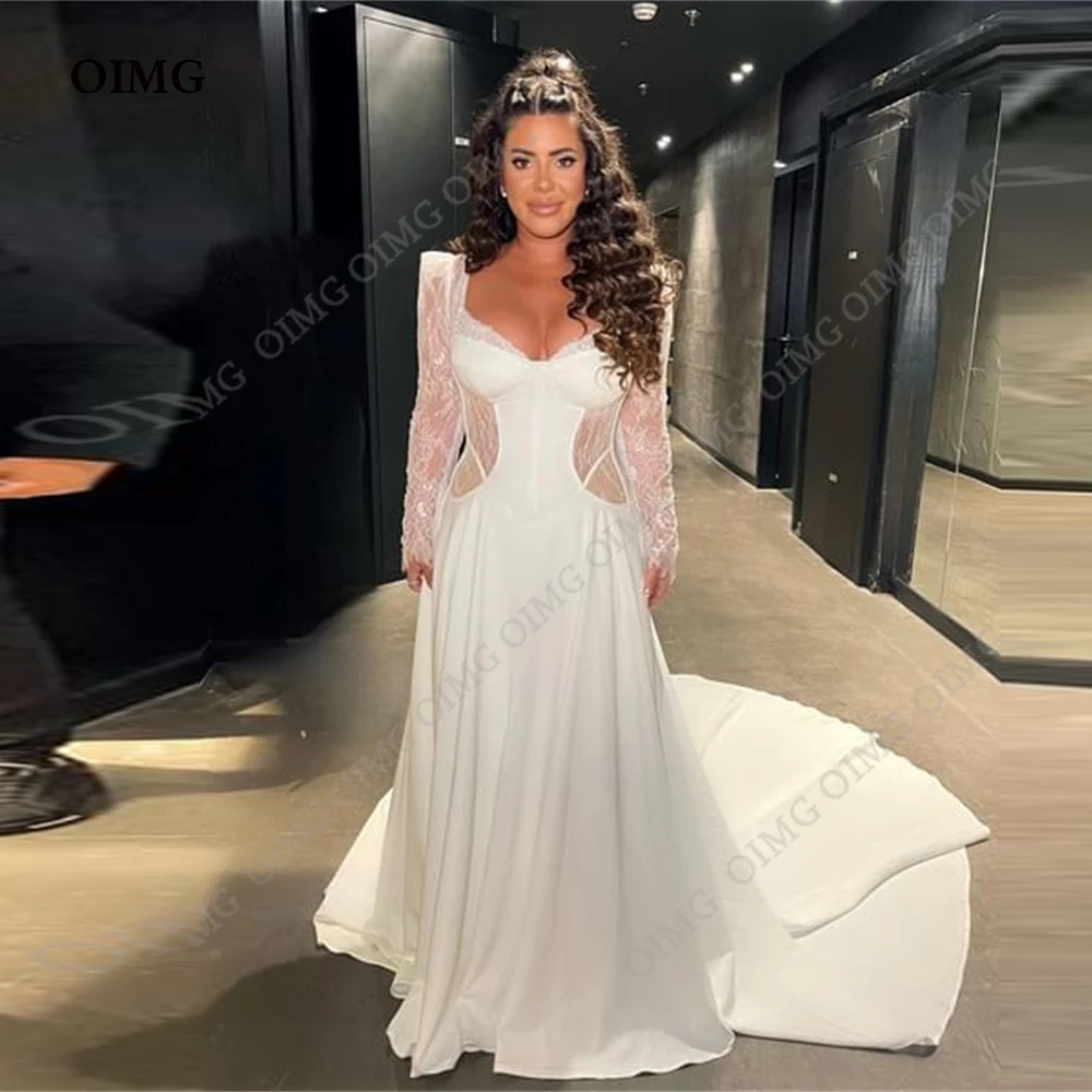 

OIMG Queen Long Lace Sleeves Wedding Dresses Gowns Sweetheart Long A Line Formal Pricness Bride Bridal Gown Dress