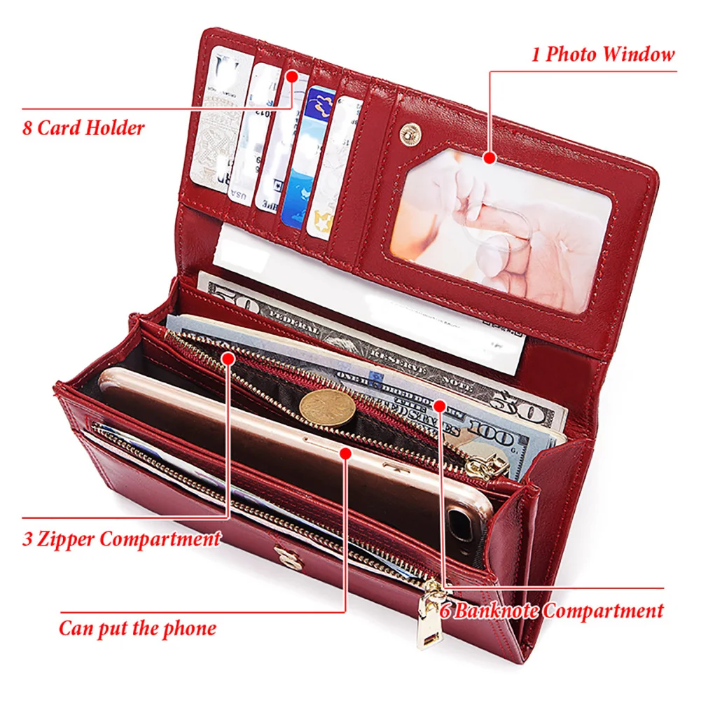 100% Genuine Leather Women's Wallet Fashion Coin Purse For Ladies Ladies Long Clutch Wallets With Cell Phone Bags Card Holder
