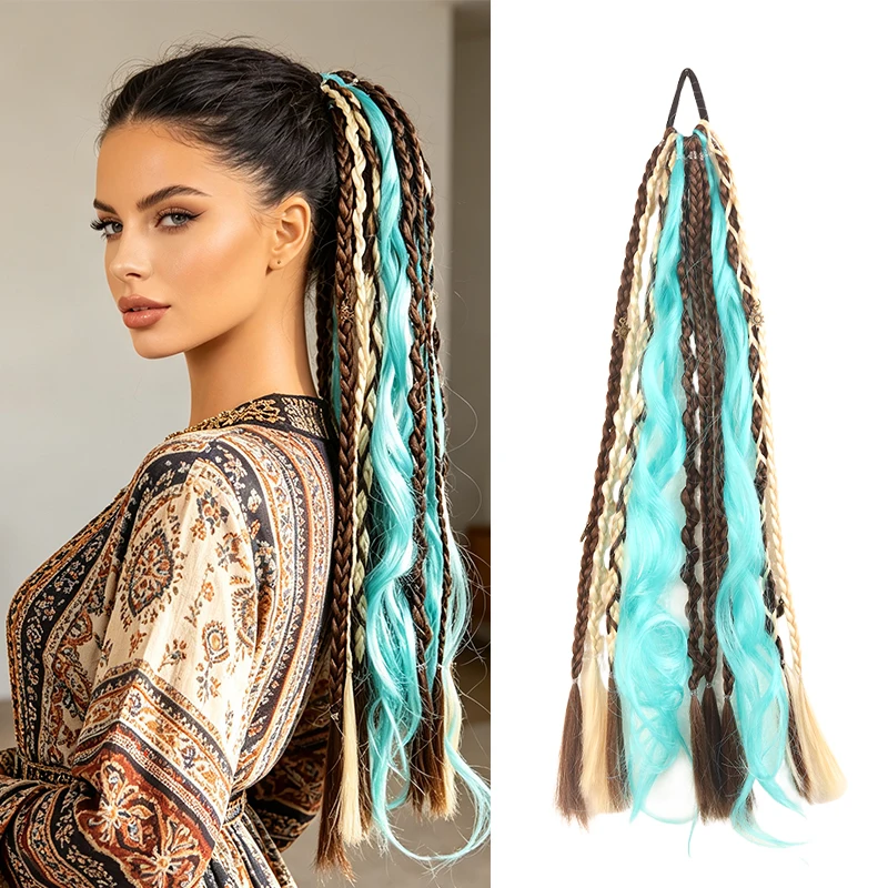 Synthetic Hair Braided Ponytail Wig Turquoise Mix Drawstring Hairpiece Long Bohemian Braid Hair Extension For Women Party