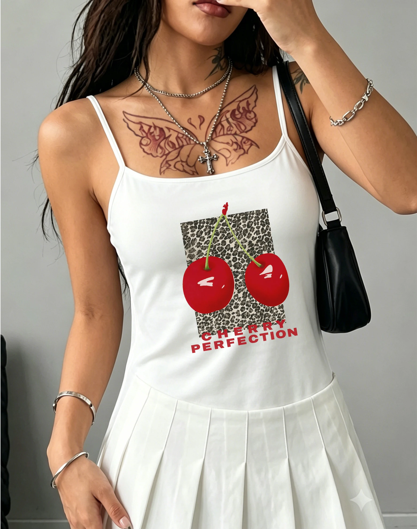 Cute Fruit Graphic Cami Top Womens Summer Sleeveless Spaghetti Strap Casual Slender Vest with Cherry Perfection Cheetah Print