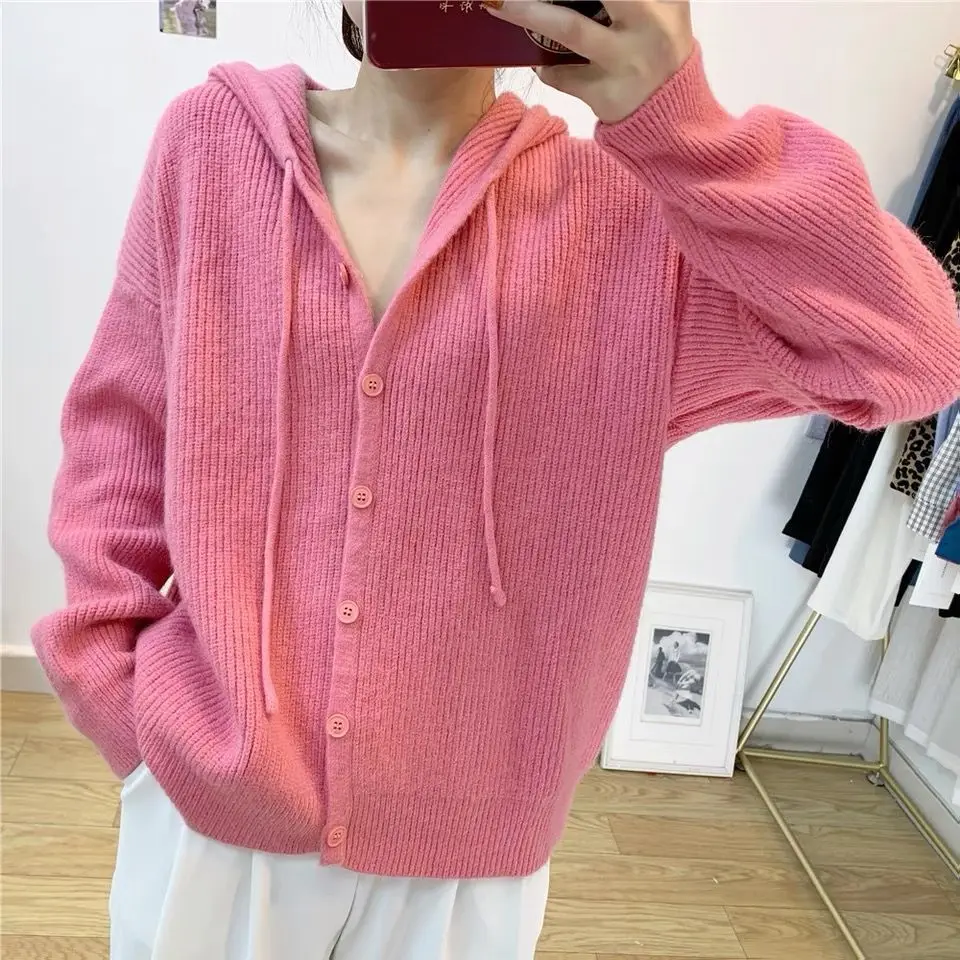 Women\'s Long Sleeve Hooded Knitted Cardigan Korean Fashion Knitwear Sweaters Casual Coat Solid Tops Autumn Winter Clothes 2023