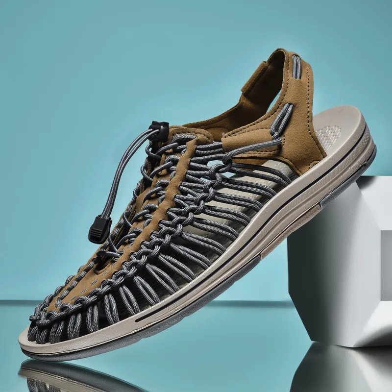 

Дышащие тканые сандалии, женские повседневные пляжные мужские сандалии без шнуровки на плоском каблуке с круглым носком и резиновой подошвой, цветные модные сандалии