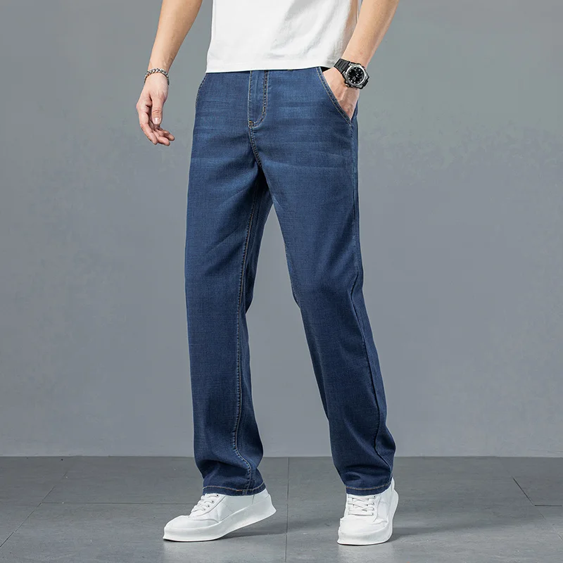 Lyocell tessuto estate Jeans da uomo ultrasottili morbido drappo sciolto dritto marchio Casual Denim pantaloni Street gamba larga pantaloni