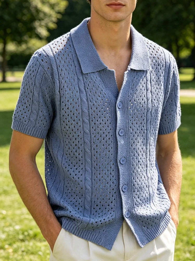 Outdoor Casual Hollow Out Knit Shirt Mens Vintage Solid Color Short Sleeve Cardigan Tops Men Summer Stylish Buttoned Lapel Shirt