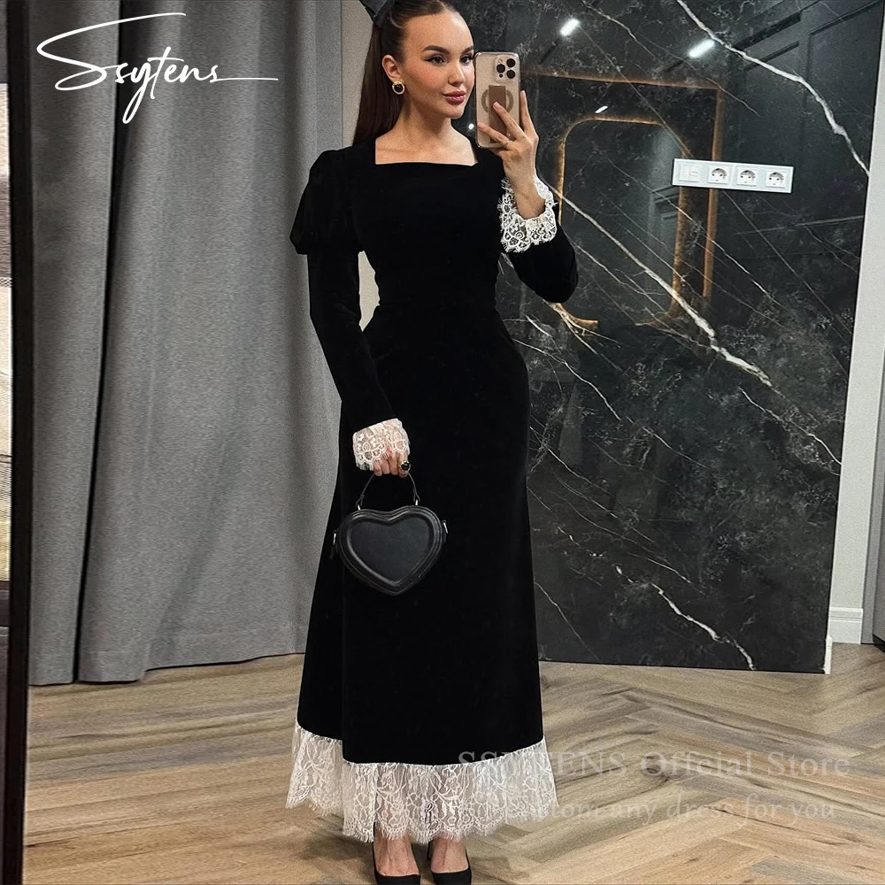 SSYTENS Customized Wedding Evening Dresses Black Velour Full Sleeves Lace Tea Length Dress Party Night Birthday Party Outfits