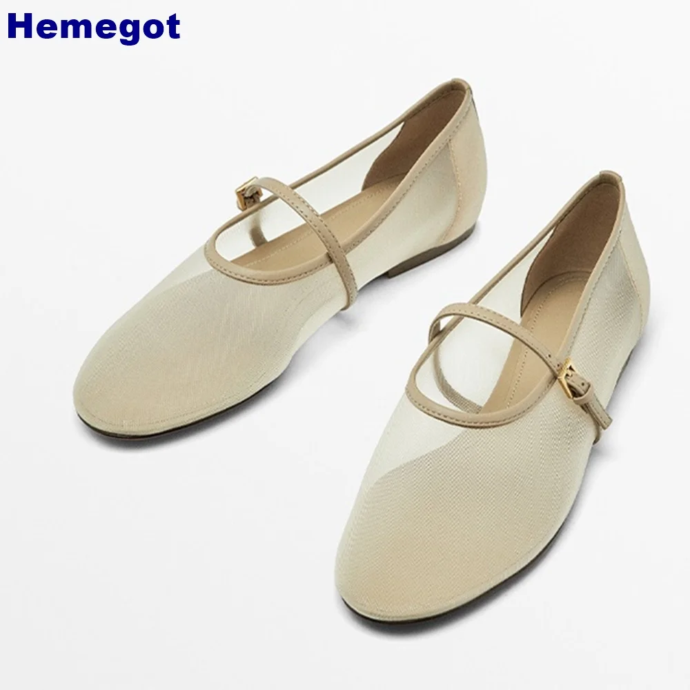 

Round Toe Mesh Ballet Shoes Solid Color Fashion Flat Shoes for Women 2024 Summer New One-Word Buckle Outdoor Casual Mary Janes