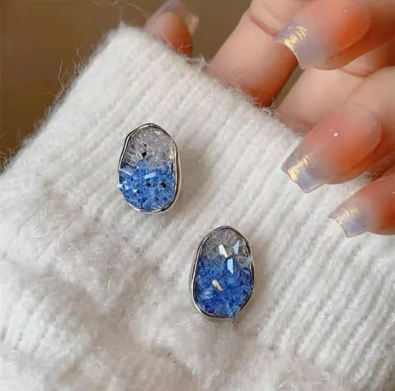 Blue Sea Salt 925 Silver Needle Blue Earrings Fresh Senior Feeling Minority Gradient Color Crystal Earrings Earrings Female