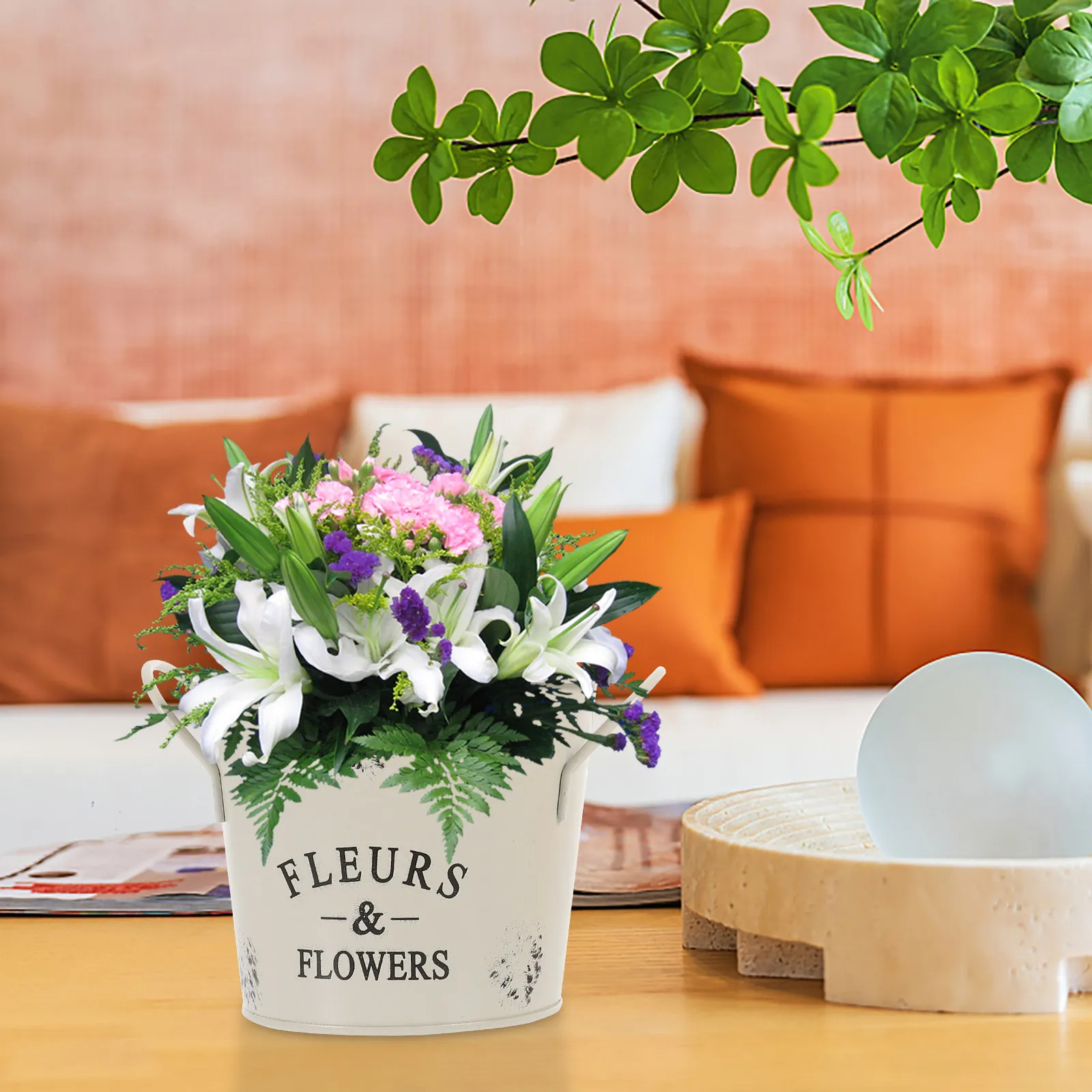 Double Handled Metal Flower Bucket Vintage Style for Indoor Outdoor Plant Flower Arrangement Decor Multipurpose Retro Print
