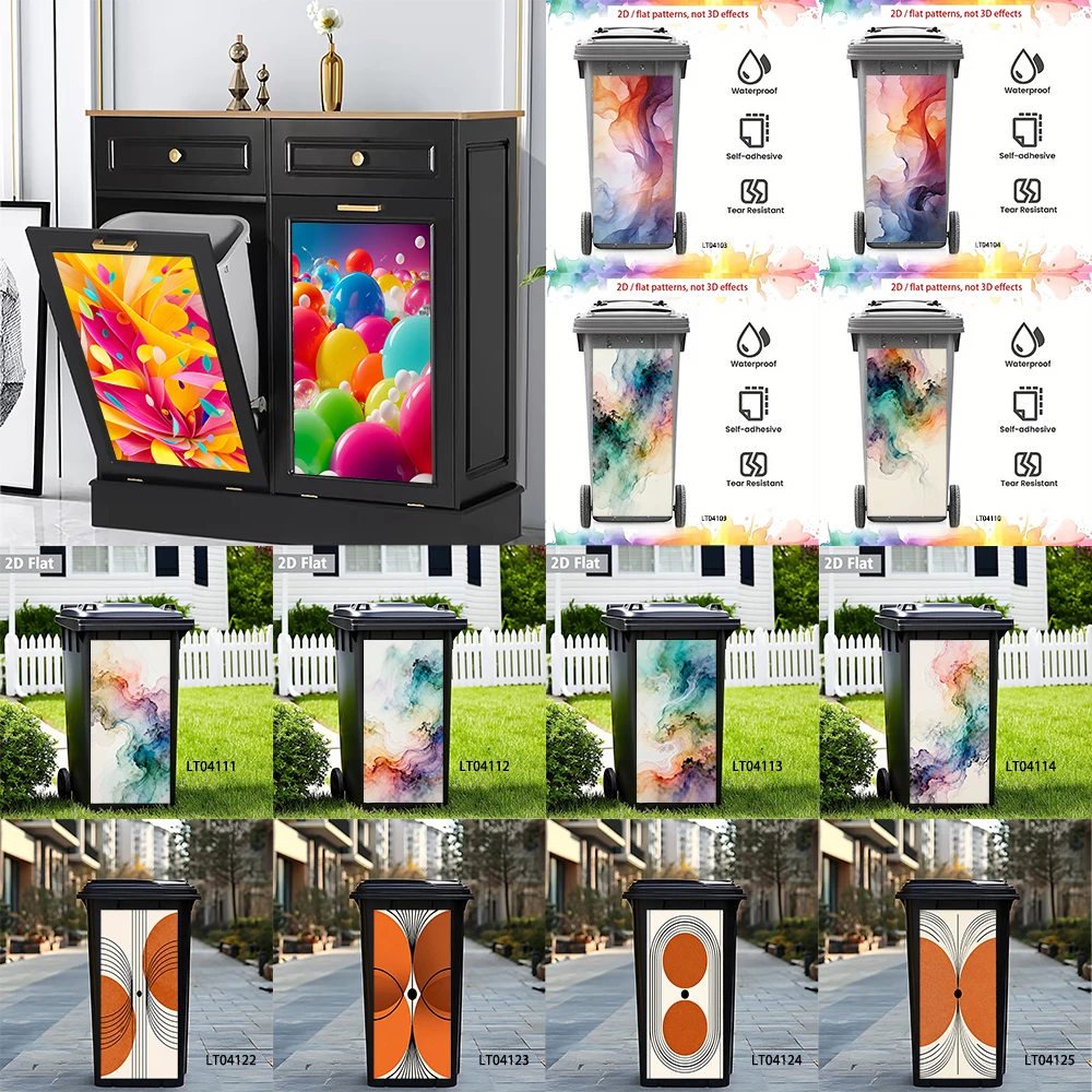 Watercolor Ink Art Trash Can Sticker, Pastel Swirl Design Waterproof Removable Outdoor Wheeled Garbage Bin Decor