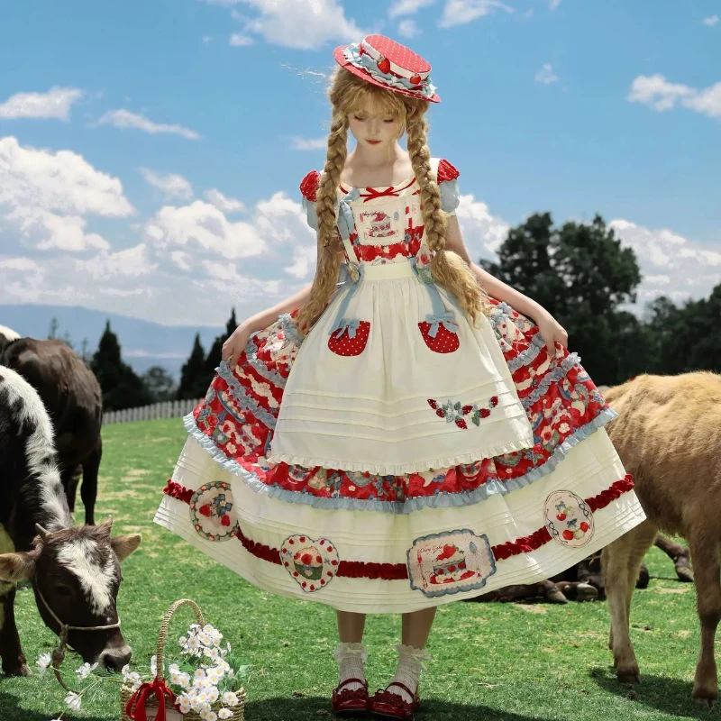 

Викторианское винтажное платье принцессы Лолиты, женское милое праздничное платье с бантом и клубничным принтом, кавайное платье феи Лолиты для девочек Y2k