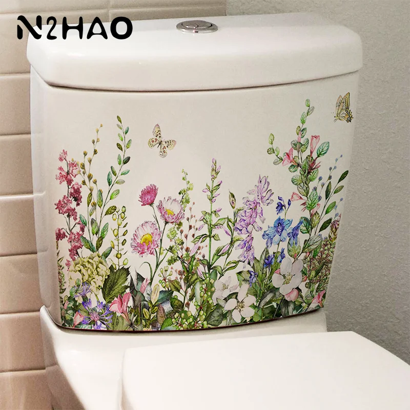 Various Green Plants Flowers Butterfly Wall Sticker Bathroom Toilet Decor Decals Living Room Cabinet Home Decoration Self Adhesi