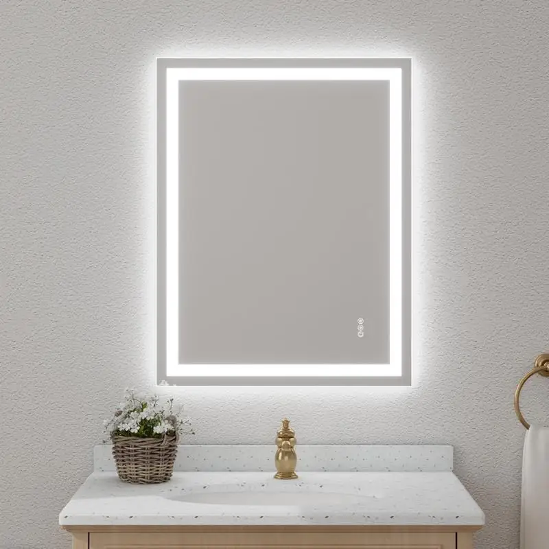

28x36 Frameless Tempered Mirror with Dual LED Light Strips for Front and Back Lighting