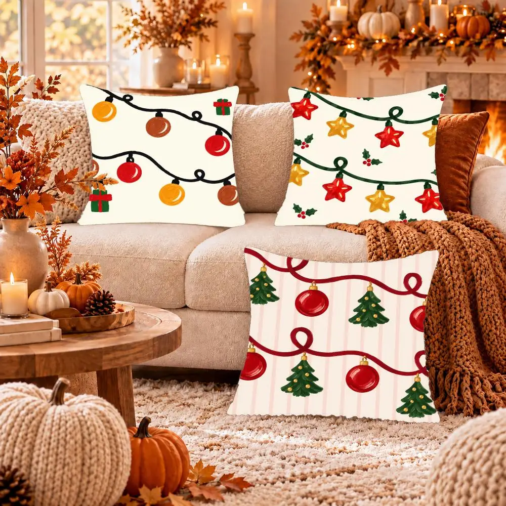 Christmas Lights Cushion Cover Soft Short Plush Pillow Cover Smooth Cozy Texture Cushion Case Home Decor