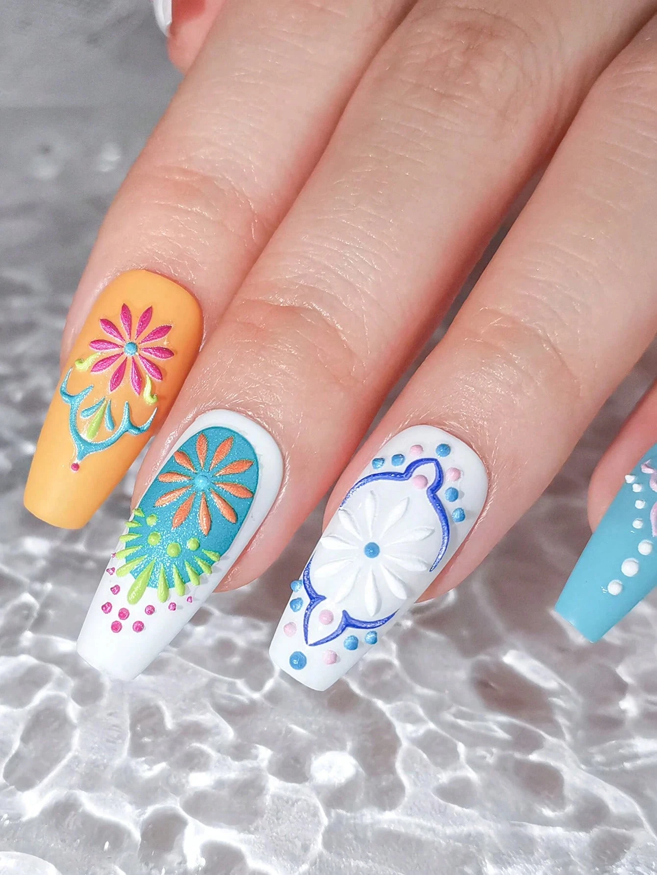 1/2/5Pcs 5D Bohemian Embossed Nail Stickers White Colorul Elegant Mandala Flower Floral Nail Art Sticker Decal Manicure