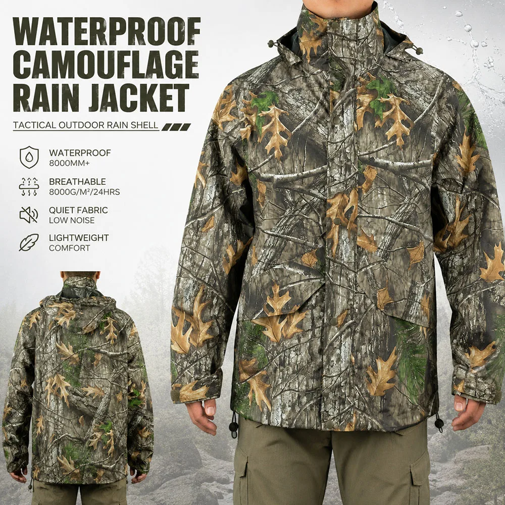 Camouflage Rain Jacket Men's Waterproof Hooded Outdoor Raincoat Lightweight Split Rain Suit for Hunting Hiking Fishing Travel