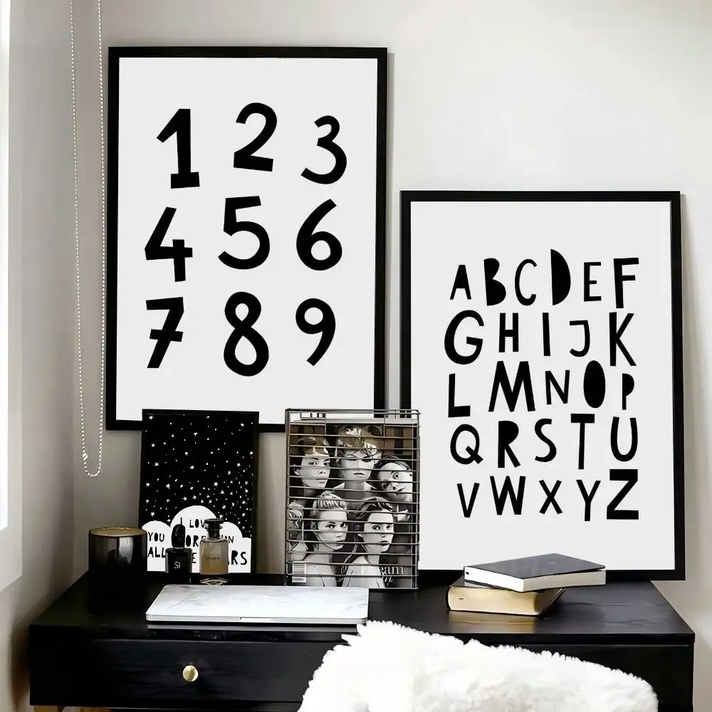 Black and White Alphabet ABC Number 123   Poster and Prints Wall Art Pictures for Modern Bedroom Game Room Home Decor