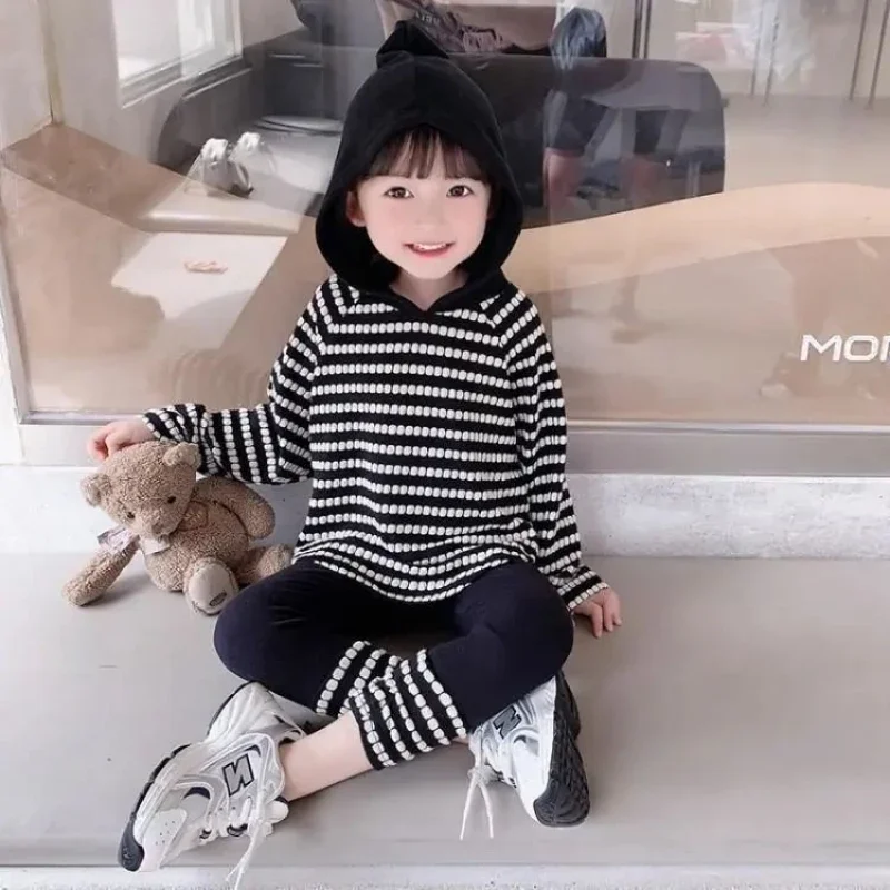 Kids Girls Striped Hooded Leggings Clothing Sets 2024 New Arrival Teenage Girls T-shirts Leggings 2Pcs Sets Red Cute Clothes