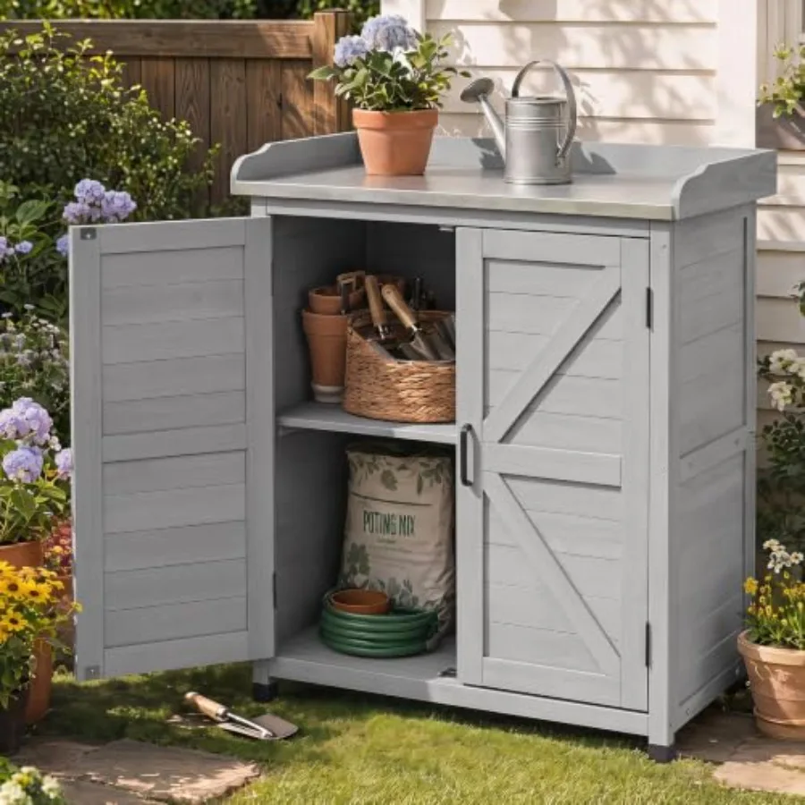 Outdoor Potting Bench with Storage Cabinet and Metal Top, Wood Workstation for Outdoor Patio, Garden,x39''