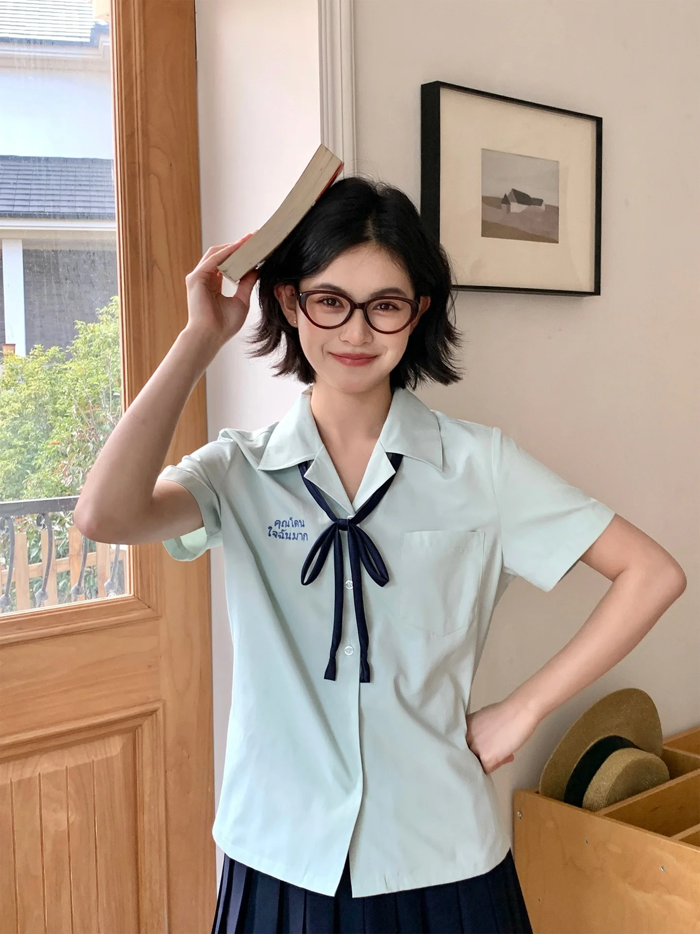 

Tokyo Annual Record Original Design Thai Style Women's Shirt Summer School Uniform Green Suit Collar Short Sleeve Set