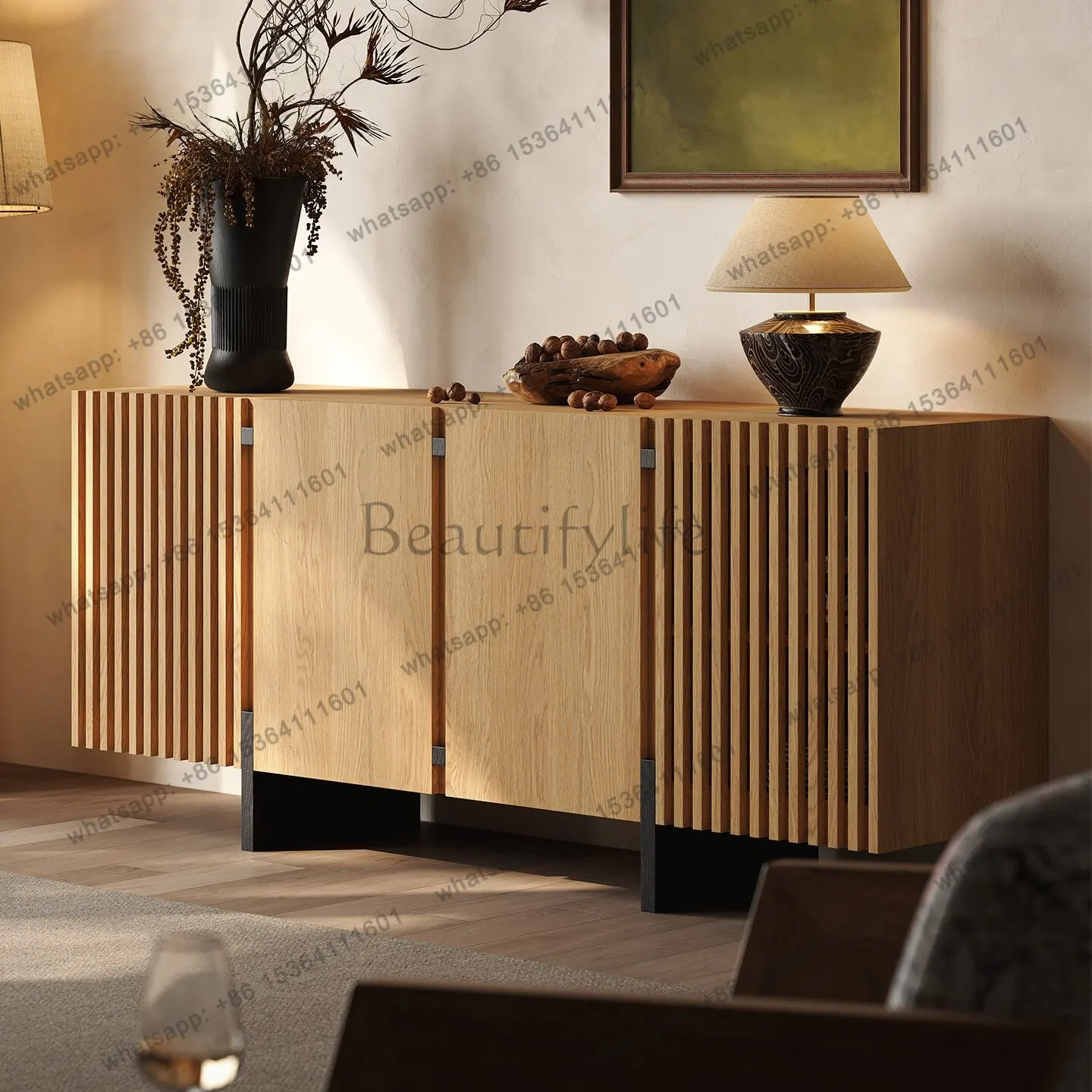 Factory Direct Log Style Japanese Solid Wood Dining Side Cabinet Simple Light Luxury Premium Sense Side Cabinet