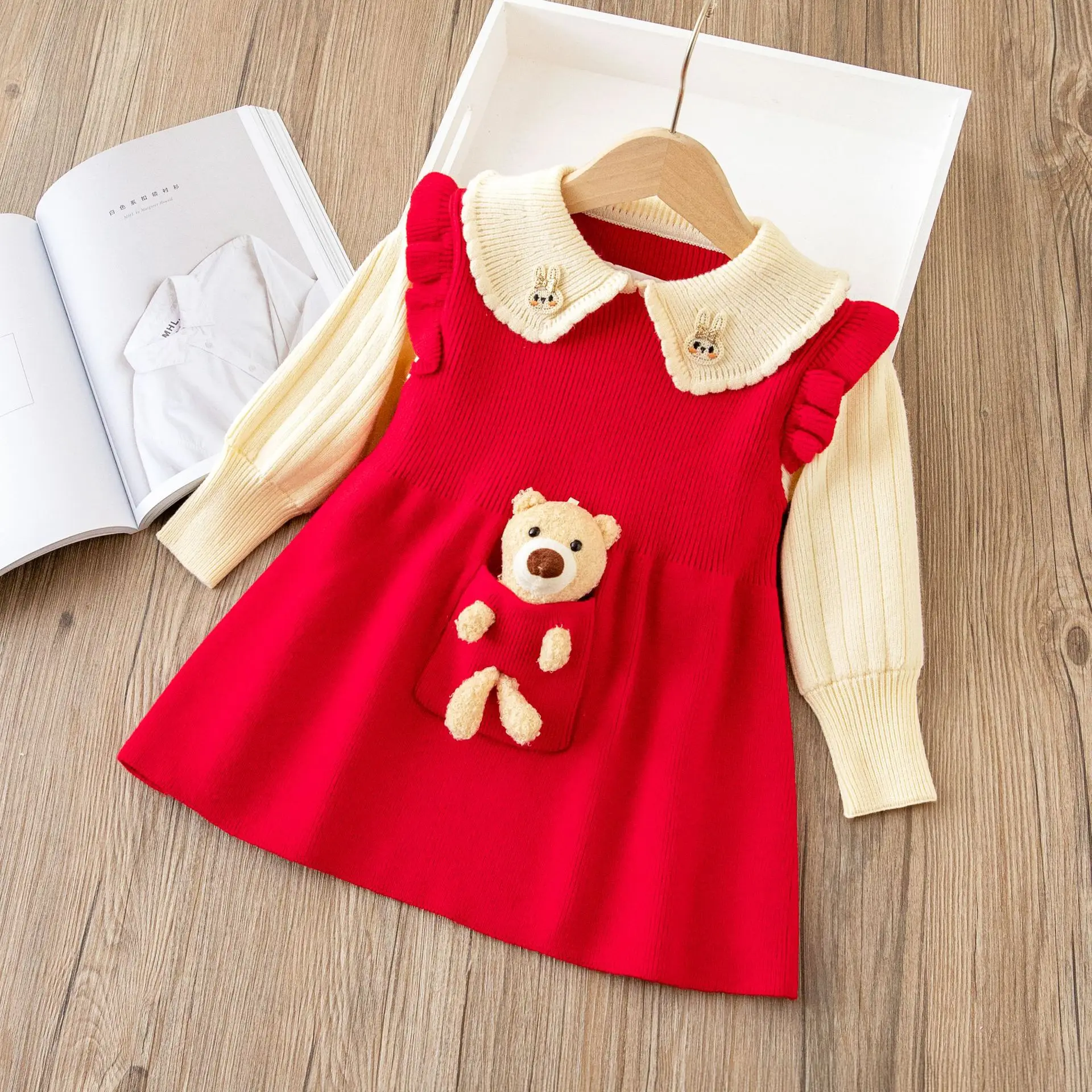 

1-12 Years Old Fashion Girls Jumper Dress Cartoon Bear Children Sweater Dresses 90-130cm