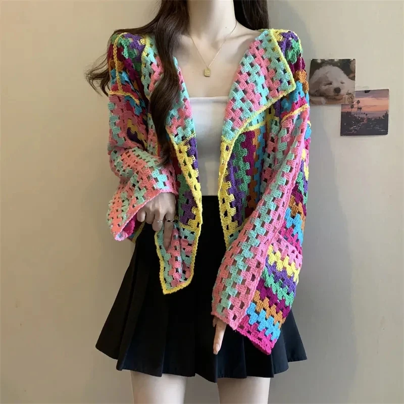 Bohemian Knitting Long Cardigans 2026 Spring Fashion Vintage Hollow Out Streetwear Summer Loose Multicolor Overcoat