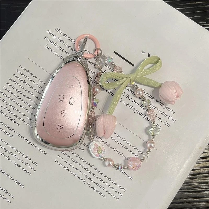 Car Key Case Cover for WEY Gaoshan Alpine, Soft TPU Key Fob Shell Protector with Long Chain, Quicksand Pink, Anti-Scratch