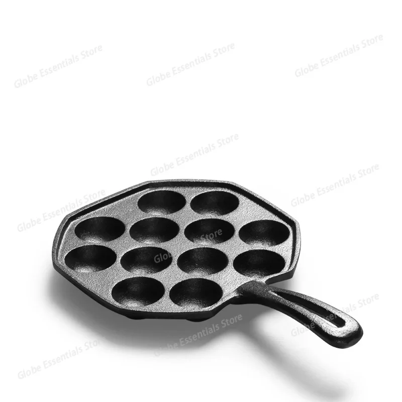 12 Hole Takoyaki Pan Wooden Handle Octopus Balls Fry Pan Cast Iron Mold Household Non-Stick Frying Pan Cookware Cooking Tool