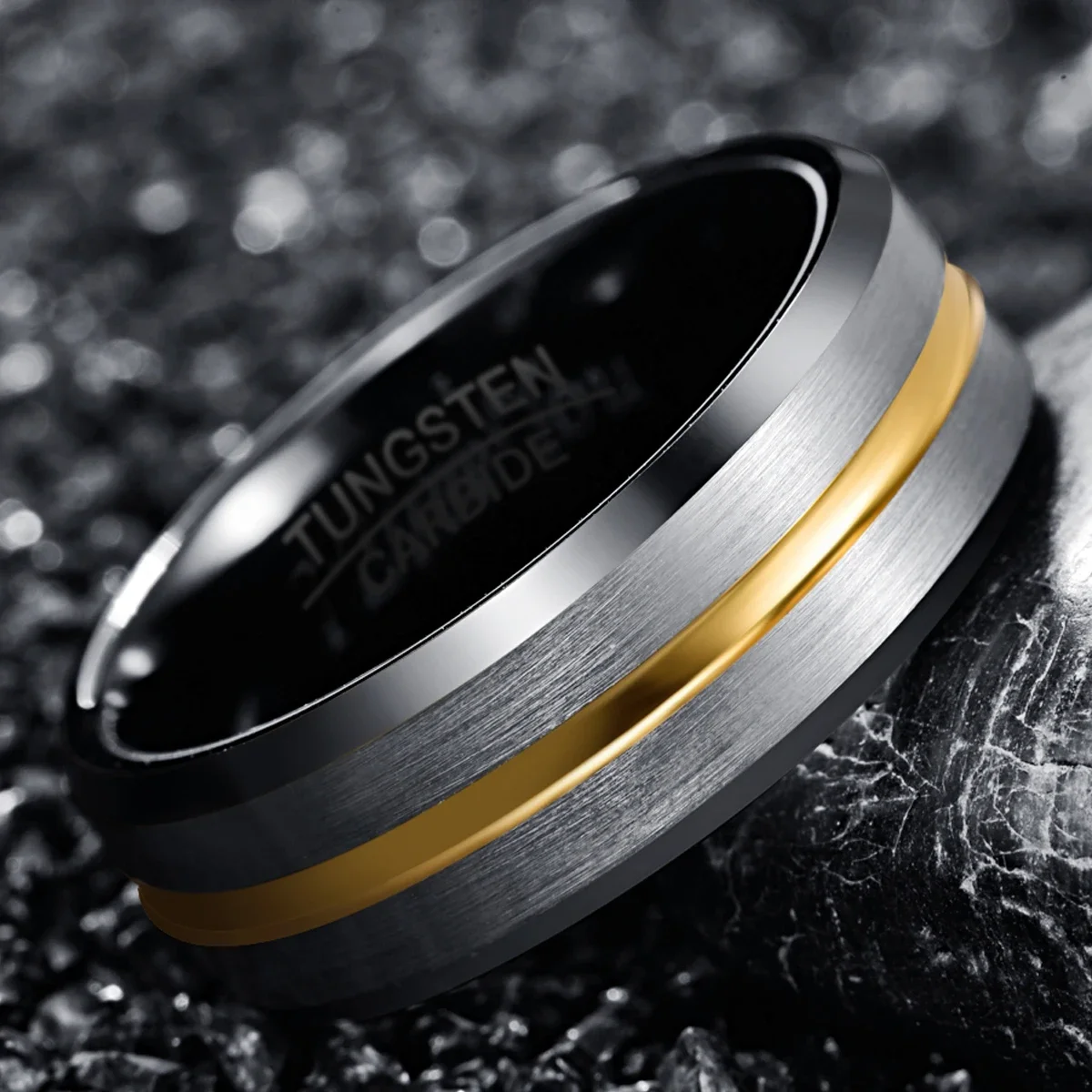 NUNCAD 8mm Width Tungsten Carbide Ring Electroplated Black Inner Ring Bevel Gold Groove Frosted Tungsten Steel Men's Ring T175R image 2