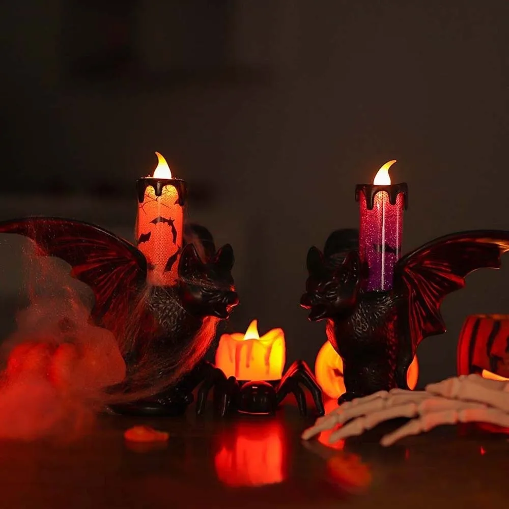 Cell Battery Operated Bat Candle Light Plastic Base Printed Pattern LED Candlestick Eco Friendly Lightweight Gothic Lamp