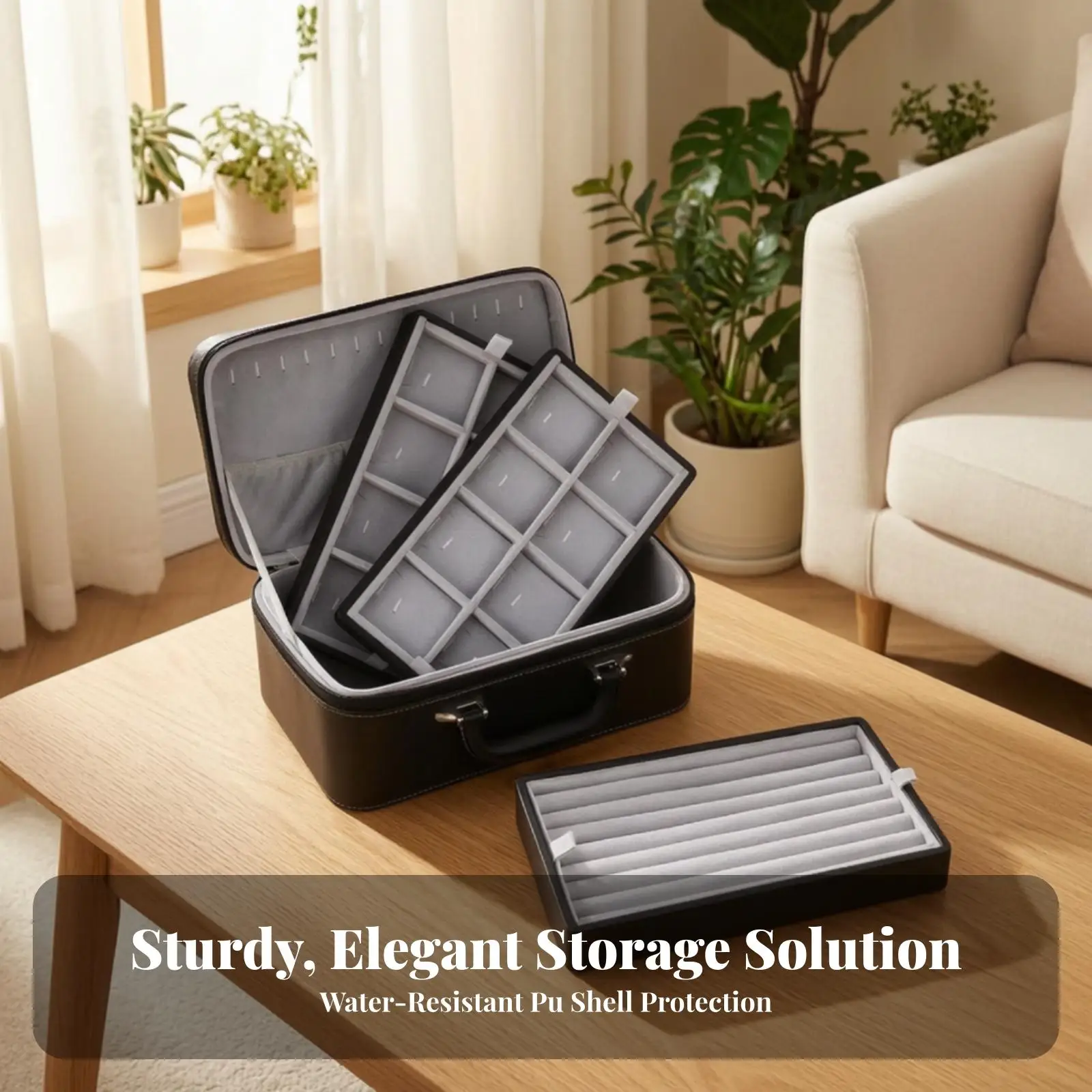 Black PU Leather Jewelry Box Organizer with Top Handle and Zip Closure for Travel Storage Necklaces Earrings Rings Case