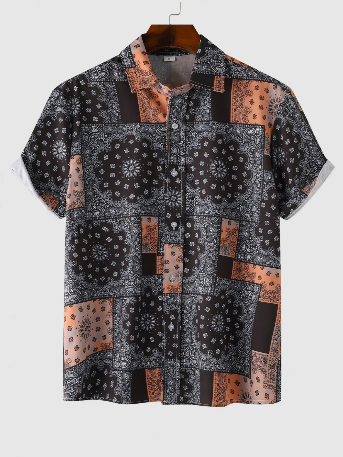 Vintage Patchwork Paisley Bandana Graphic Men Lapel Shirt Button Front Short Sleeve Holiday Blouse