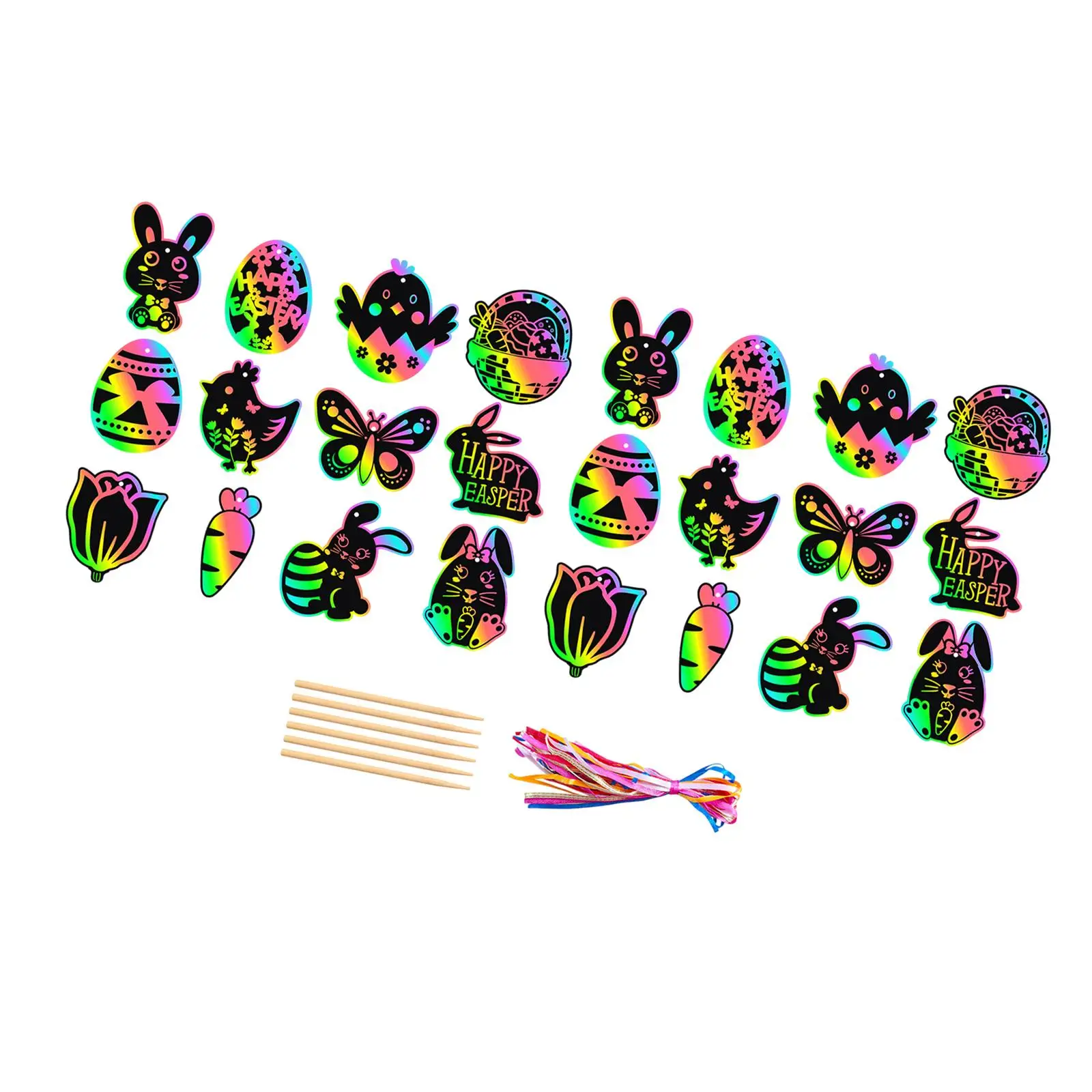 24x Easter Scratch Paper Set Hanging Drawing Toys Decorative Easter Crafts