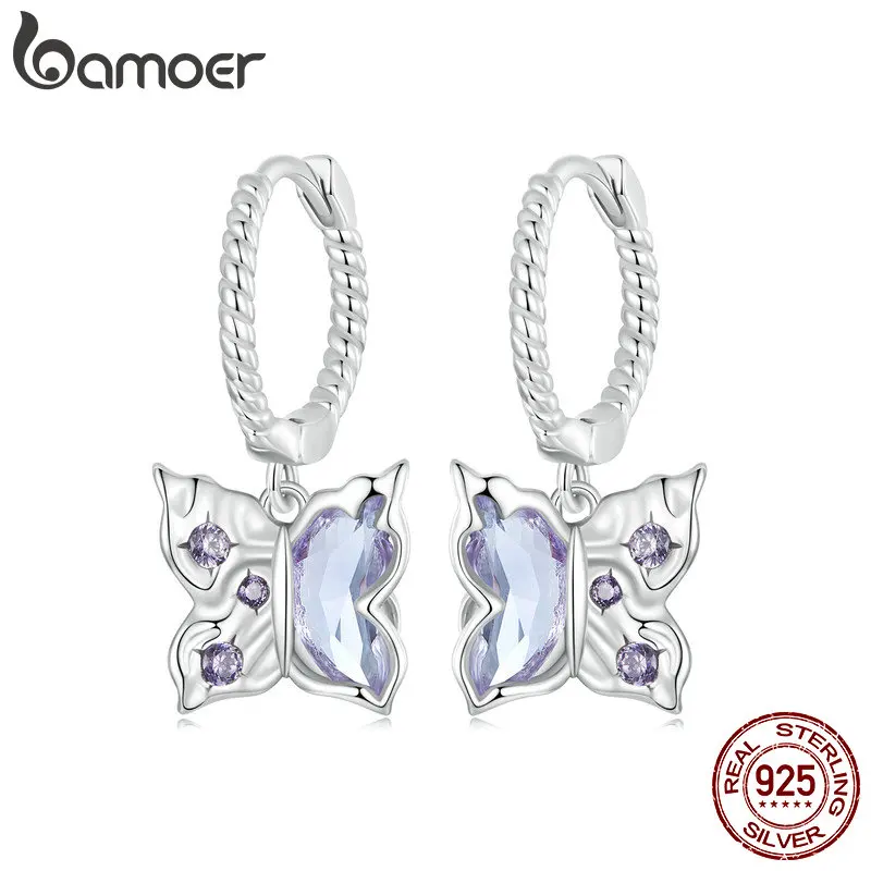 Bamoer Genuine 925 Sterling Silver Original Butterfly Hoop Earrings For Women Zircon Ear Fine S925 Jewelry Birthday Party Gift